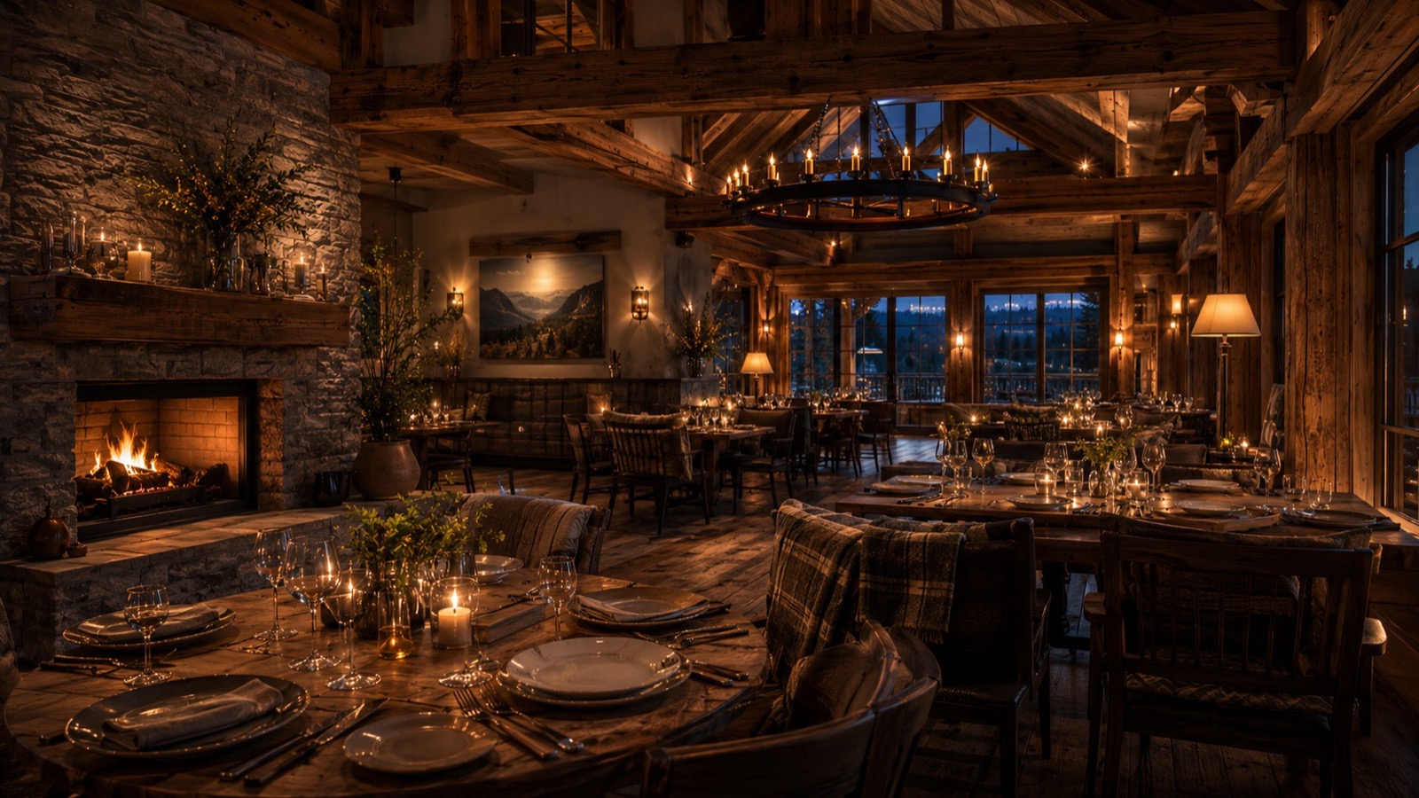 Interiér restaurace s krbem