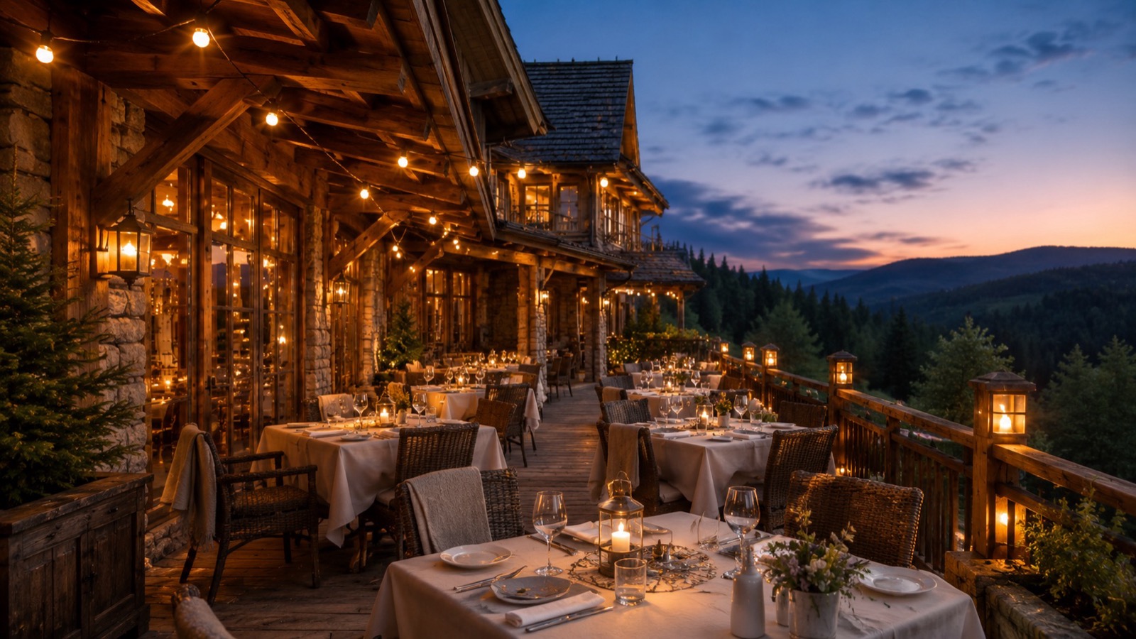Krytá terasa restaurace za soumraku